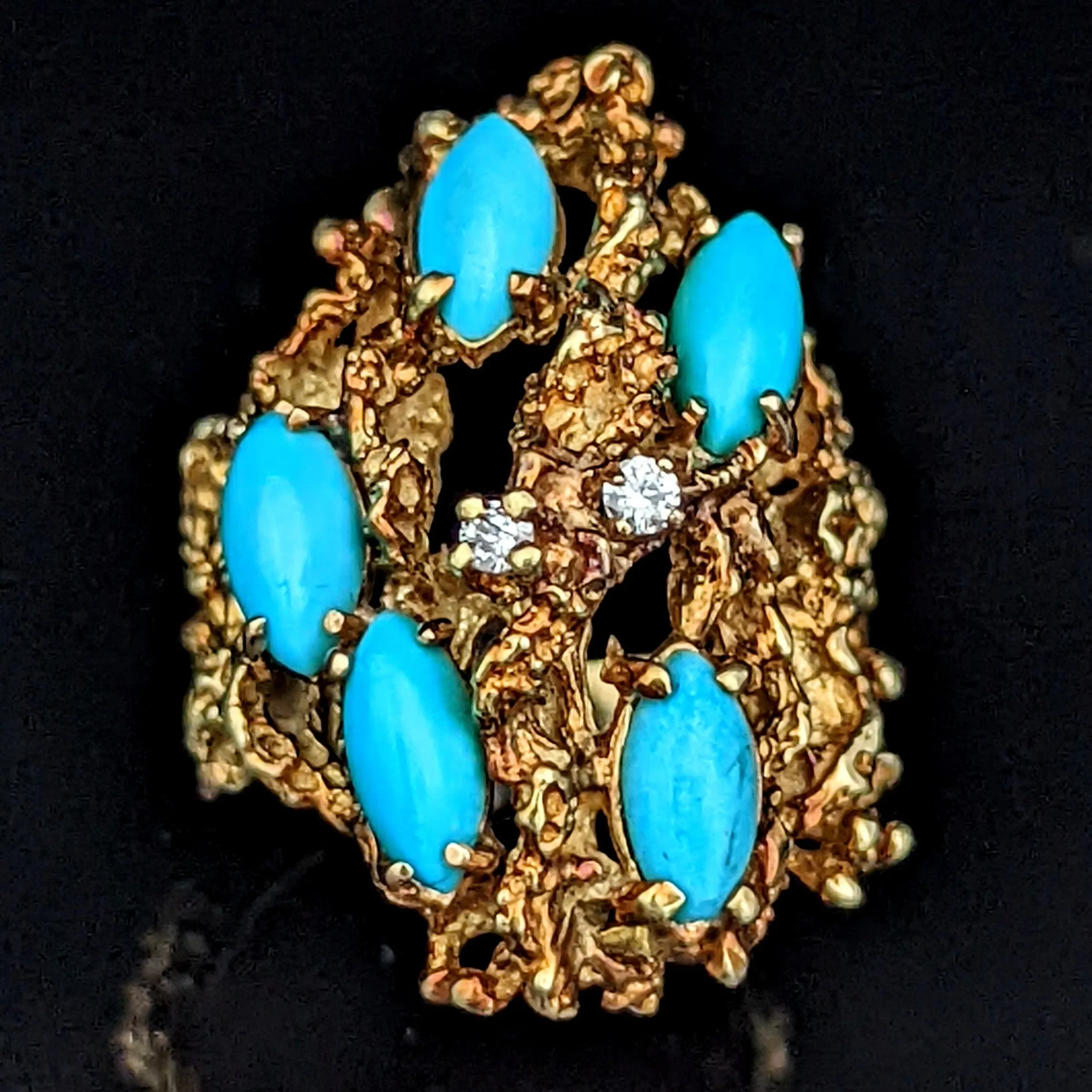 The Brussels - Diamond Turquoise 14k Gold Modernistic Cocktail Ring 1970s