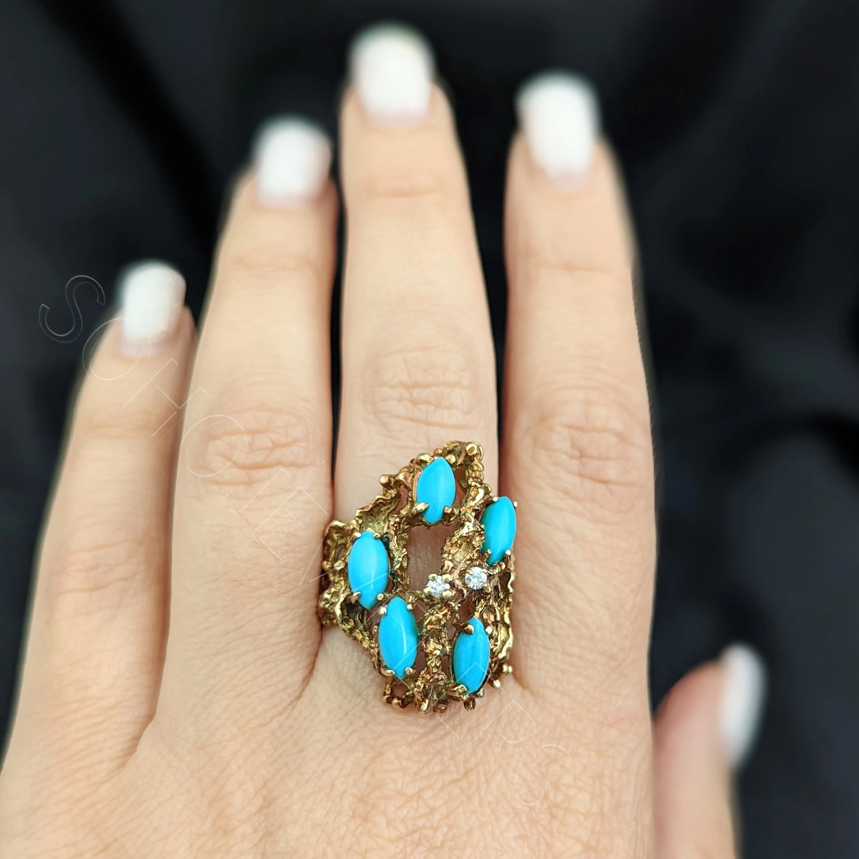 The Brussels - Diamond Turquoise 14k Gold Modernistic Cocktail Ring 1970s