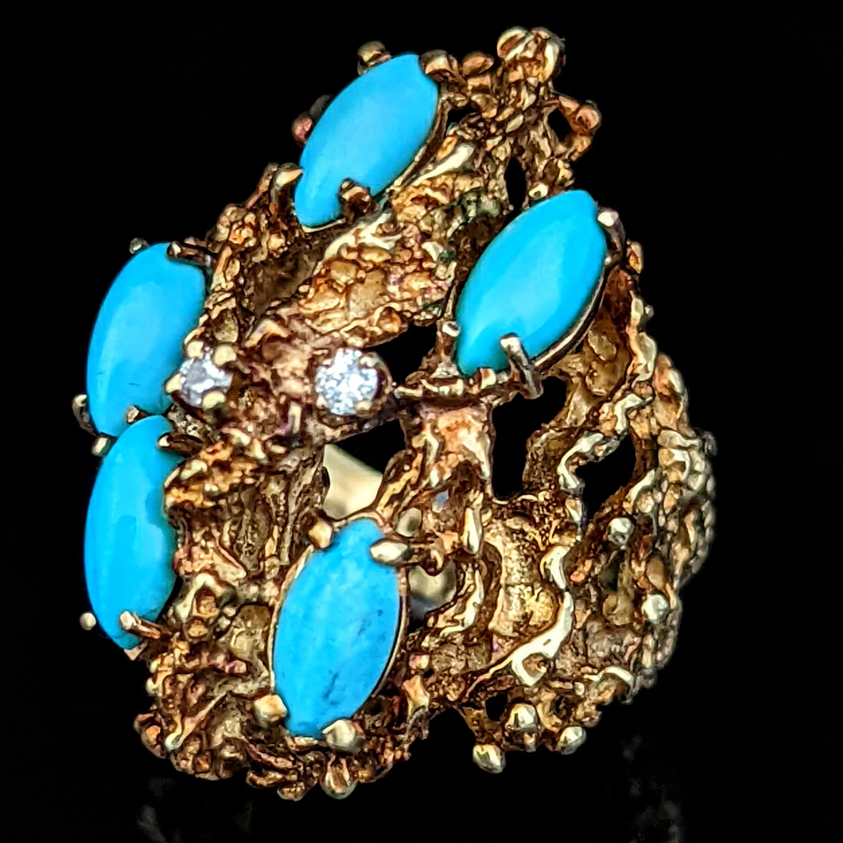 The Brussels - Diamond Turquoise 14k Gold Modernistic Cocktail Ring 1970s