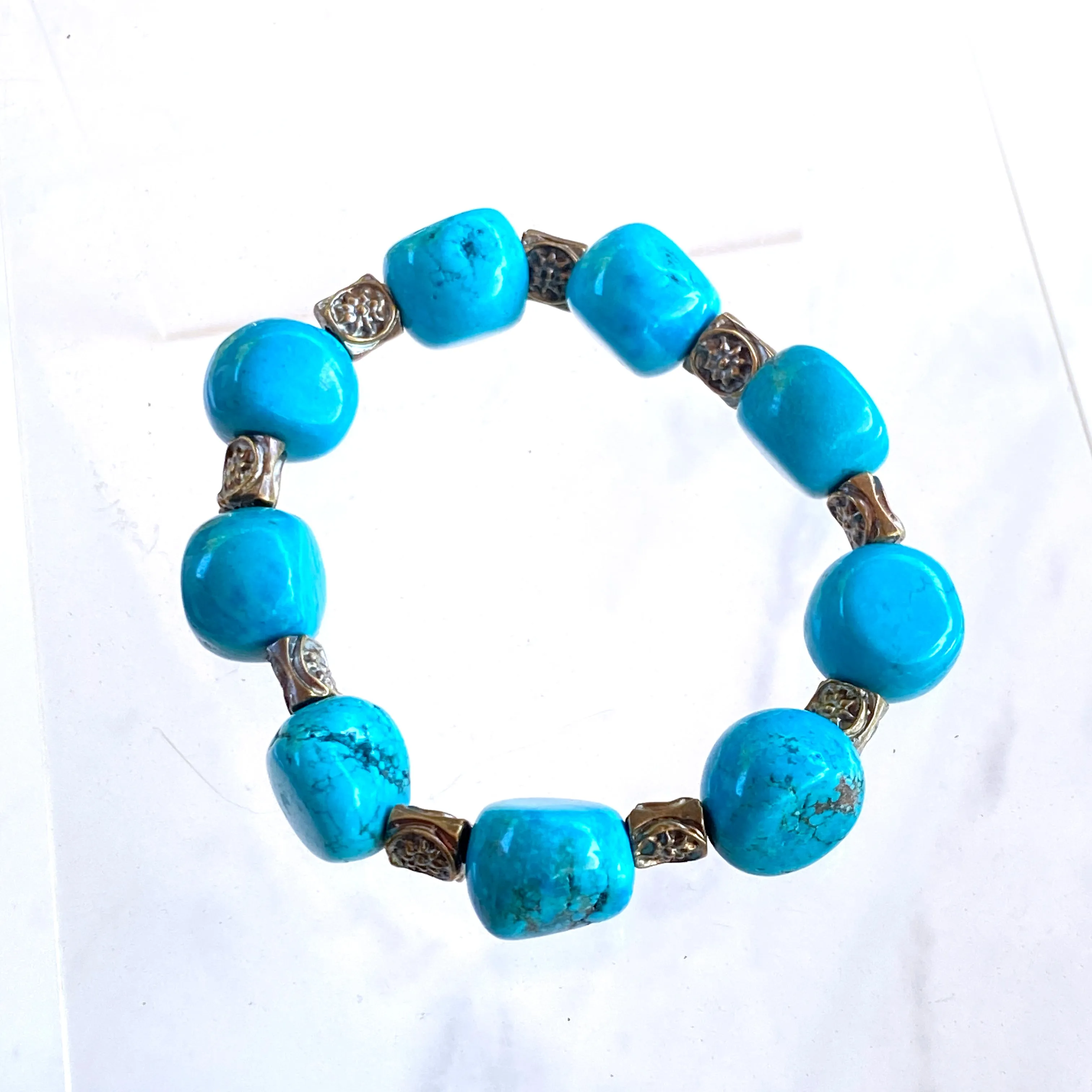 Turquoise gemstone and Brass Flower Beaded Bracelet