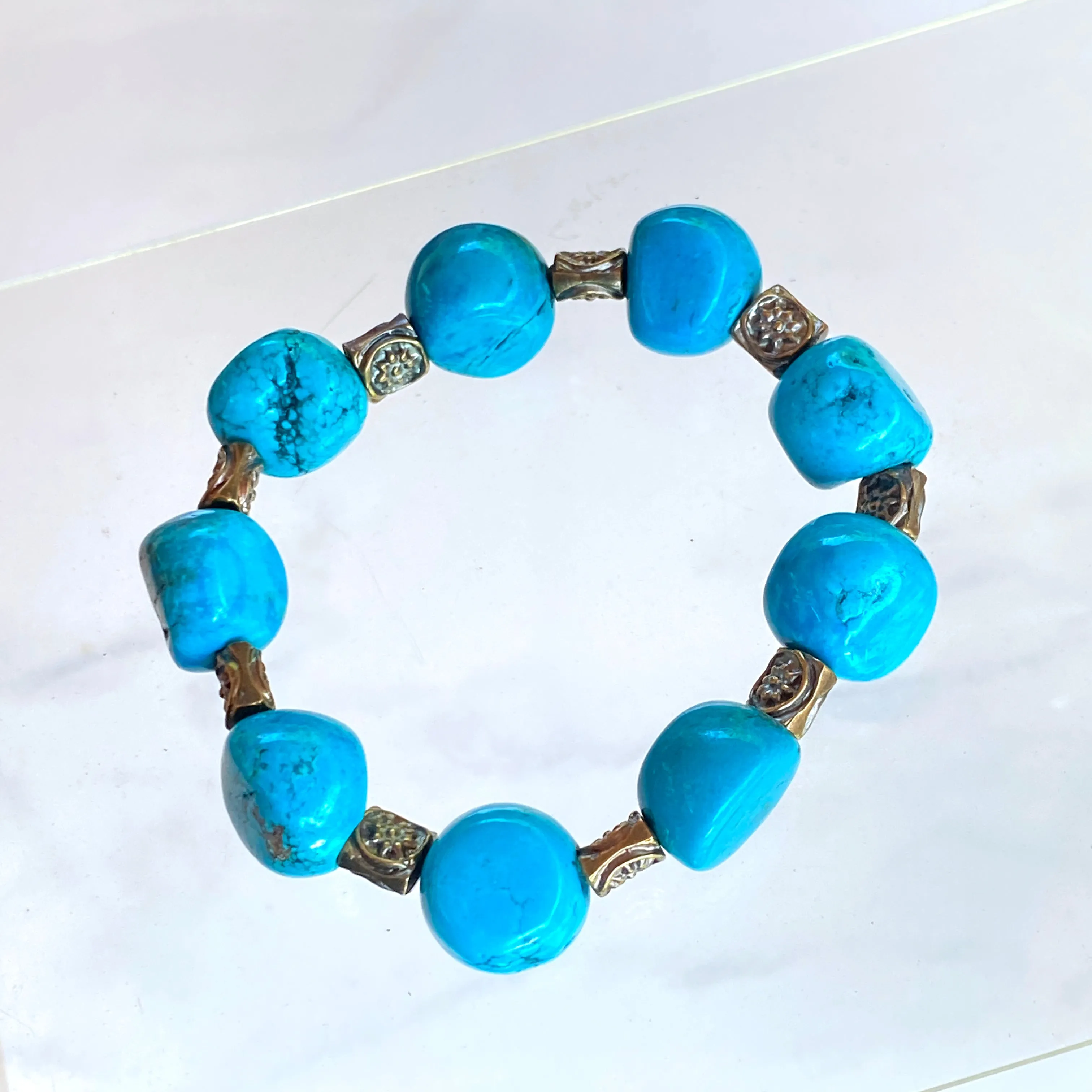 Turquoise gemstone and Brass Flower Beaded Bracelet