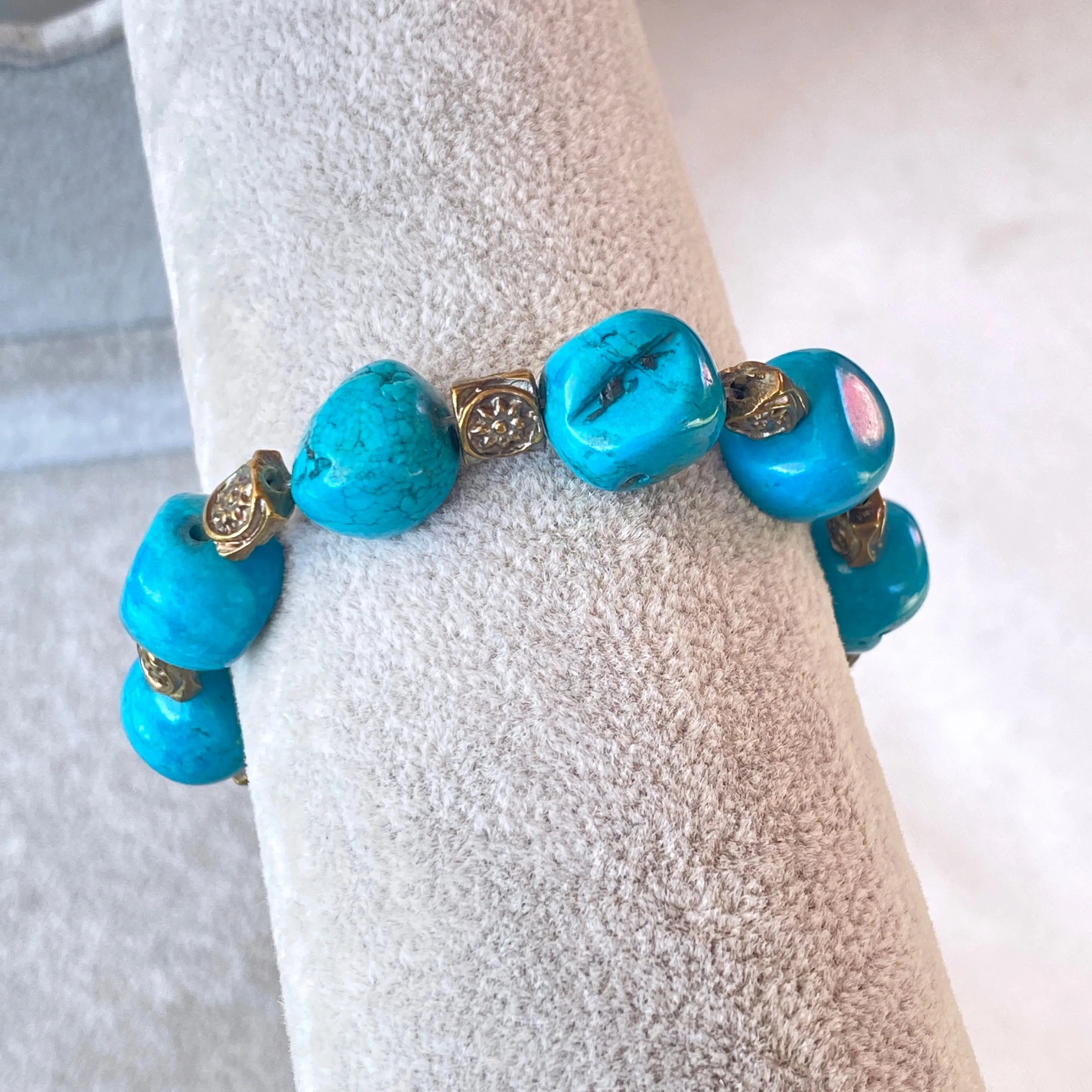 Turquoise gemstone and Brass Flower Beaded Bracelet