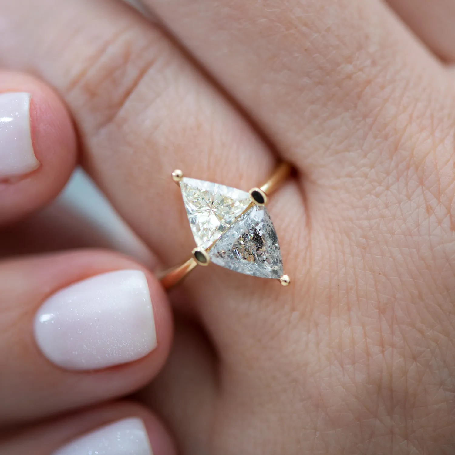 Two Tone Diamond Rhombus Engagement Ring - White and Grey Trillions