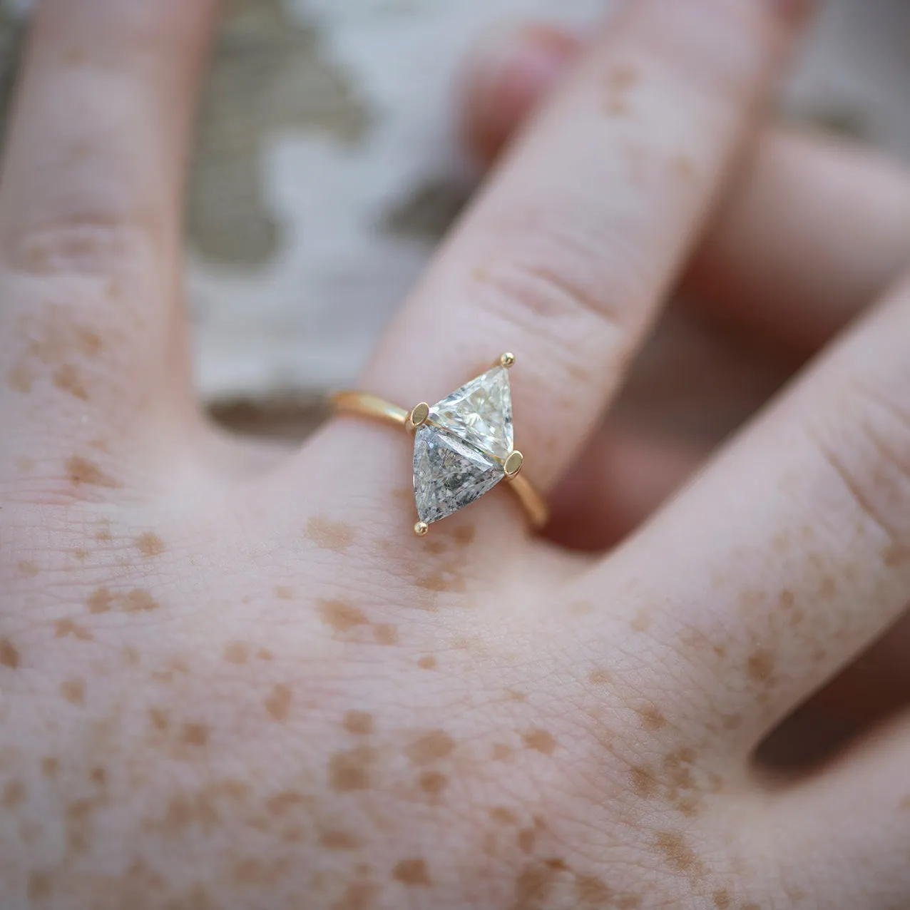 Two Tone Diamond Rhombus Engagement Ring - White and Grey Trillions