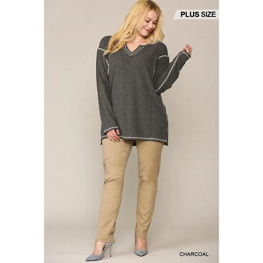 Two-tone Ribbed Tunic Top With Side Slits