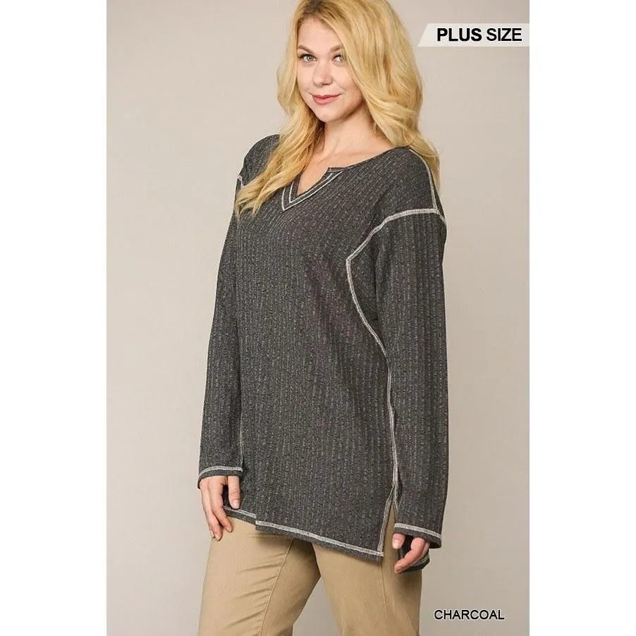 Two-tone Ribbed Tunic Top With Side Slits