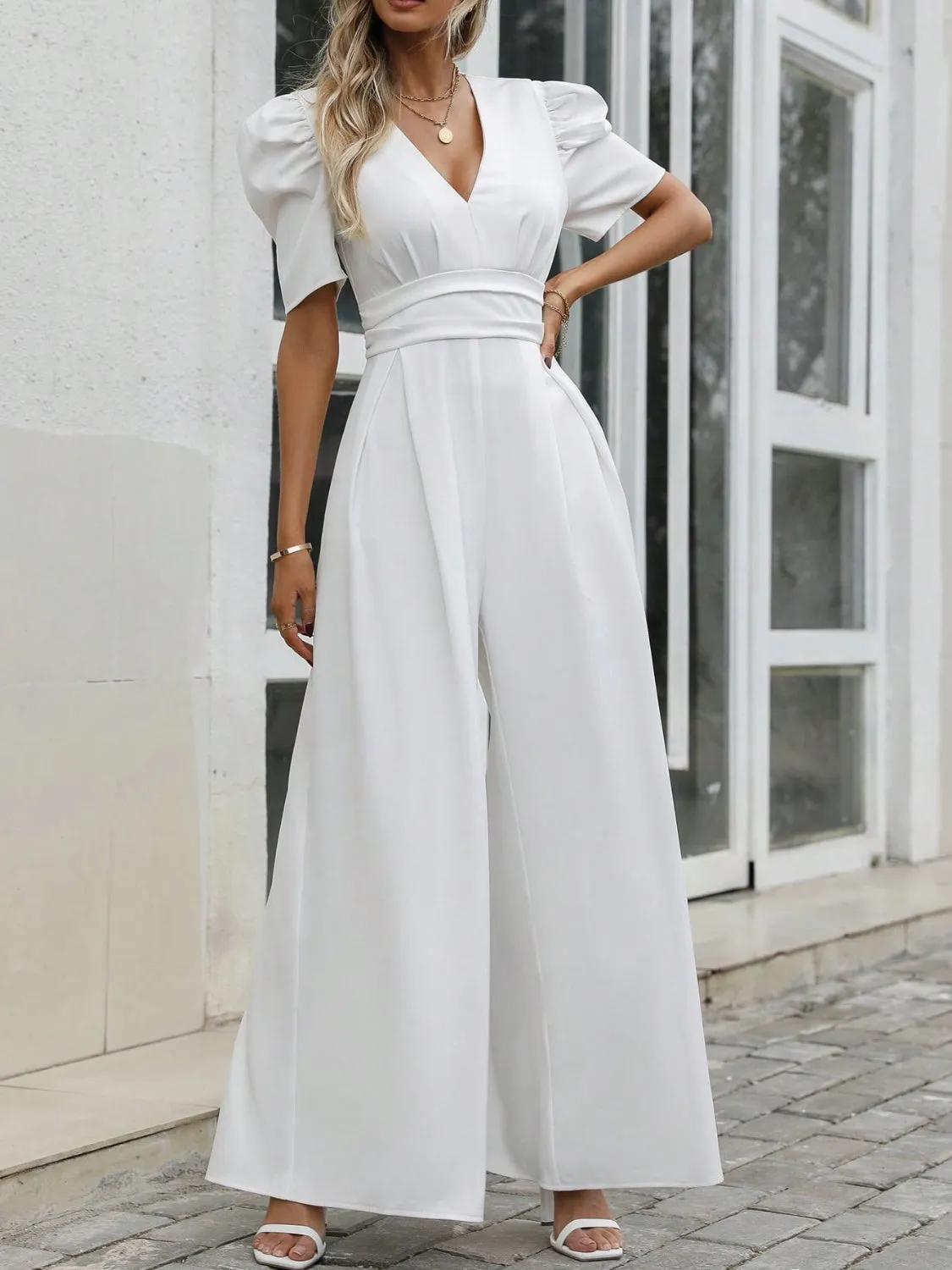 V-Neck Short Sleeve Wide Leg Jumpsuit