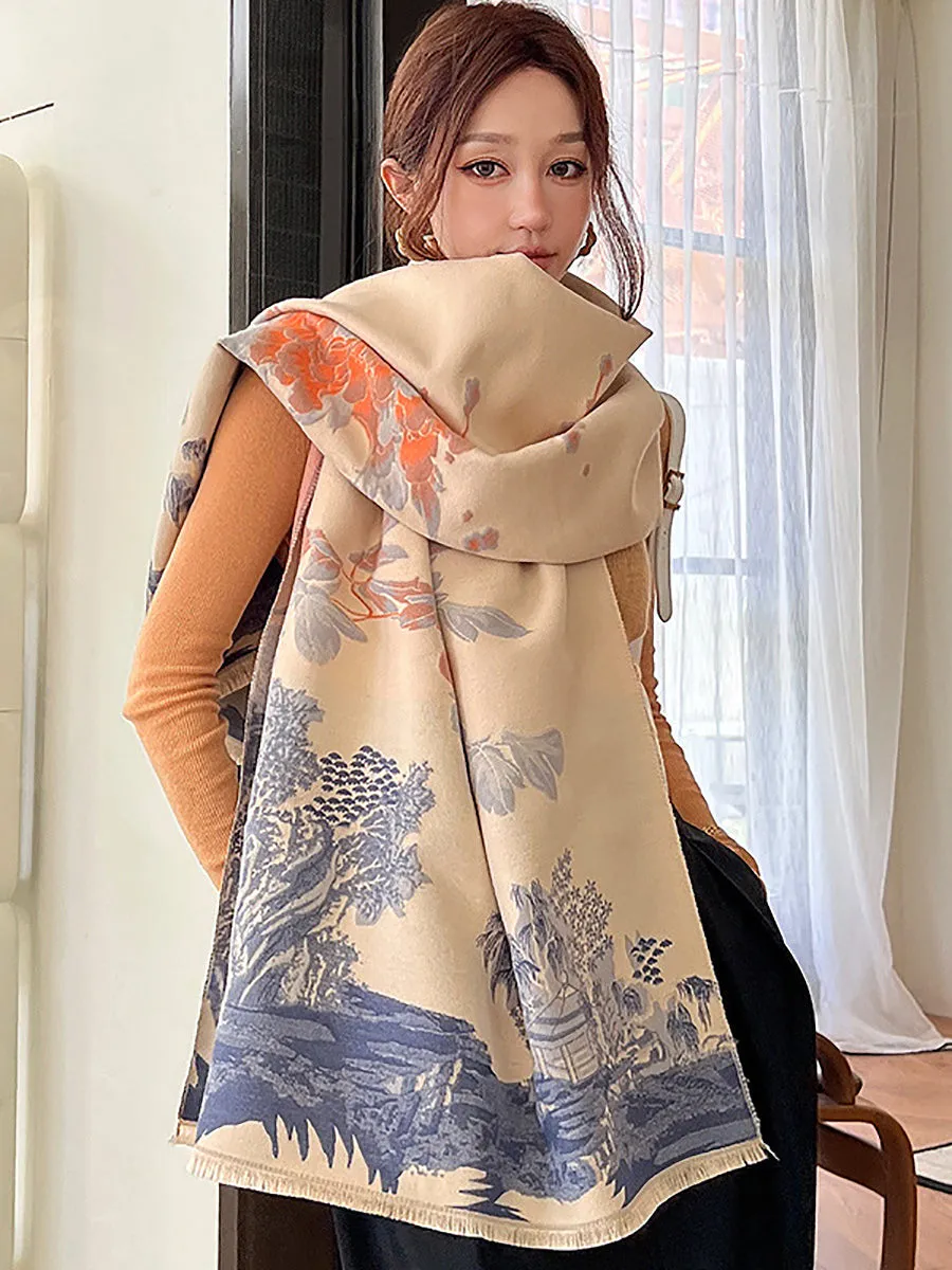 Women Vintage Flower Print Winter Scarf Shawl