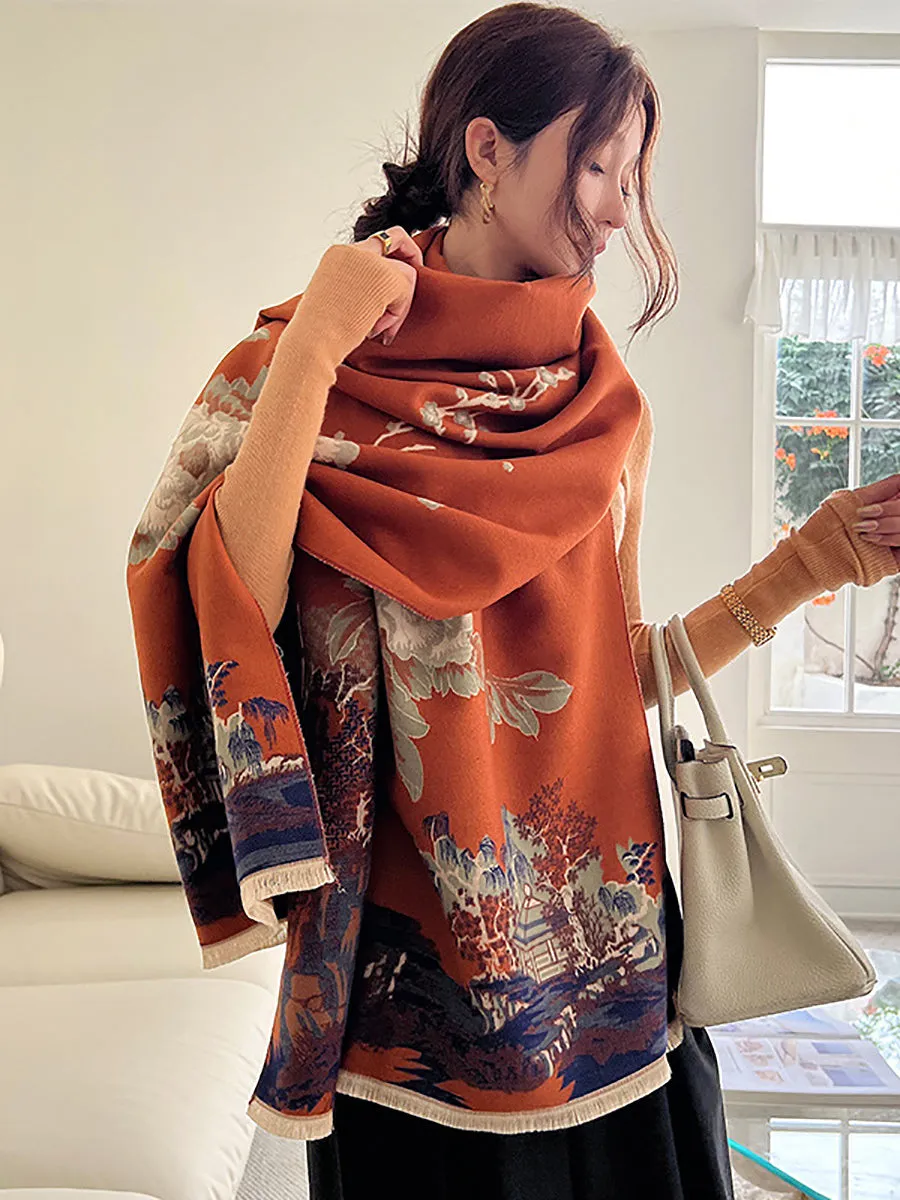 Women Vintage Flower Print Winter Scarf Shawl