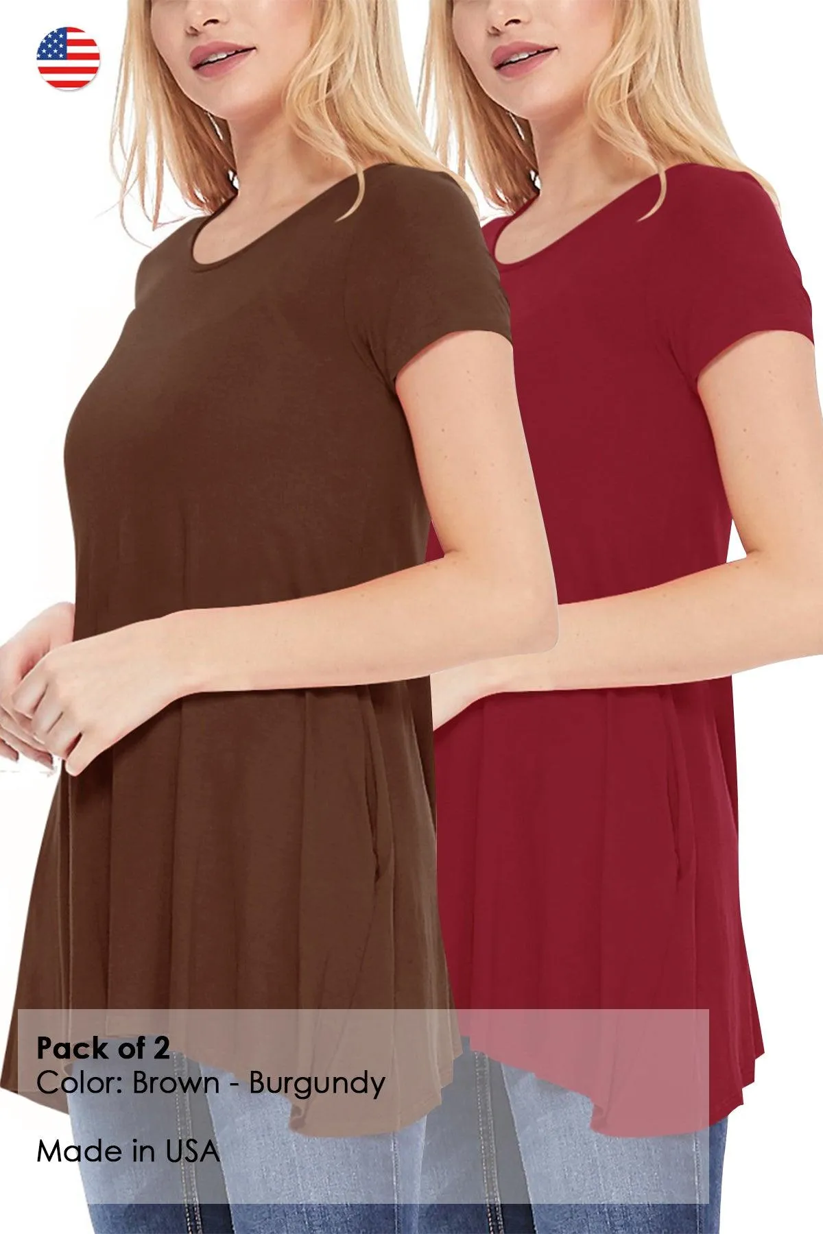 Women's Casual Stretch Loose A-Line Pockets Solid Short Sleeve Tunic Top (Pack of 2)