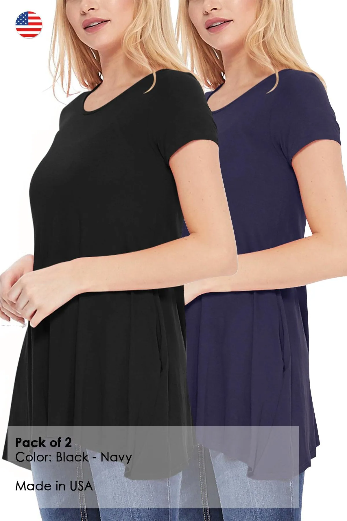 Women's Casual Stretch Loose A-Line Pockets Solid Short Sleeve Tunic Top (Pack of 2)