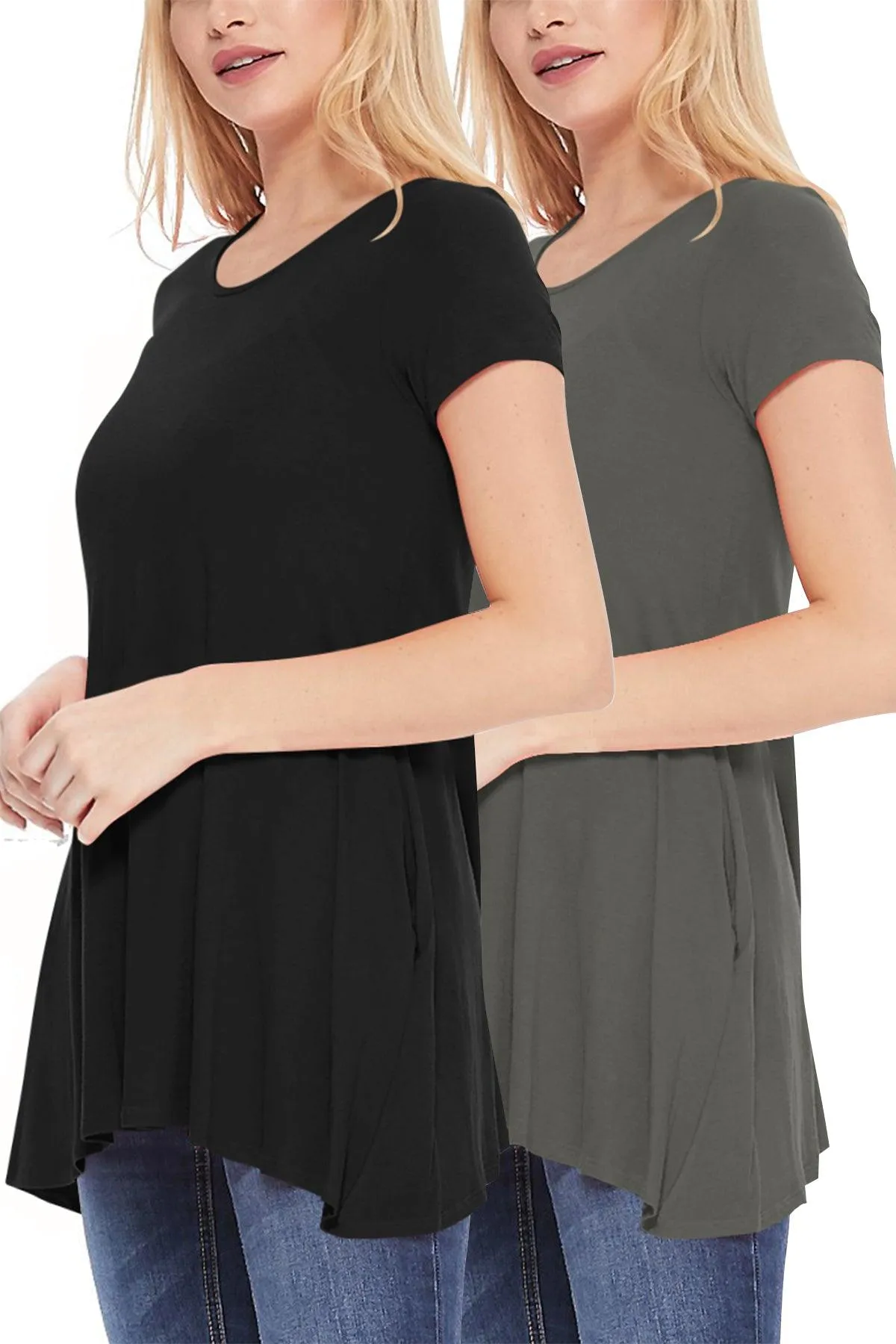 Women's Casual Stretch Loose A-Line Pockets Solid Short Sleeve Tunic Top (Pack of 2)