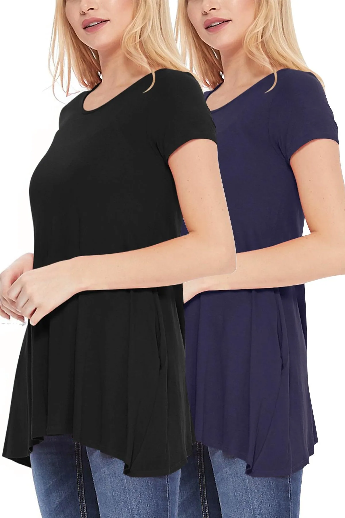 Women's Casual Stretch Loose A-Line Pockets Solid Short Sleeve Tunic Top (Pack of 2)