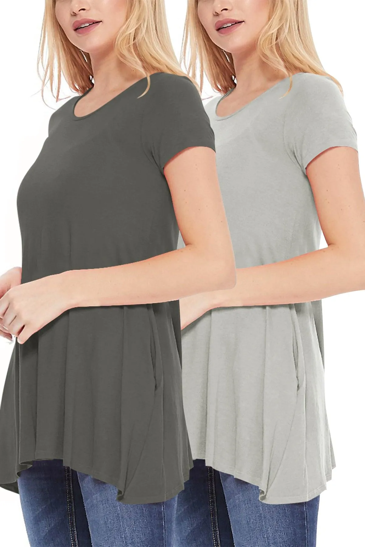 Women's Casual Stretch Loose A-Line Pockets Solid Short Sleeve Tunic Top (Pack of 2)