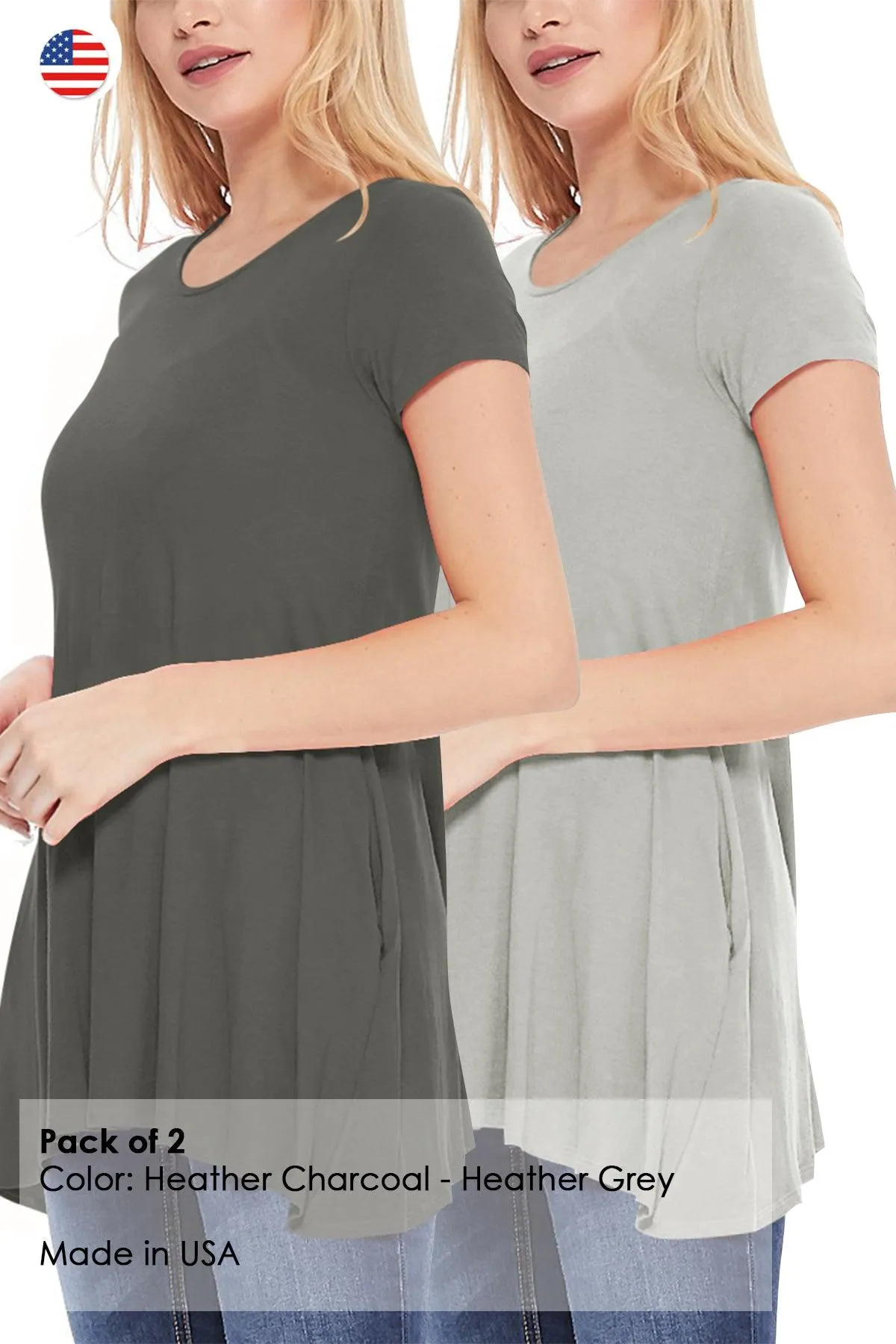 Women's Casual Stretch Loose A-Line Pockets Solid Short Sleeve Tunic Top (Pack of 2)