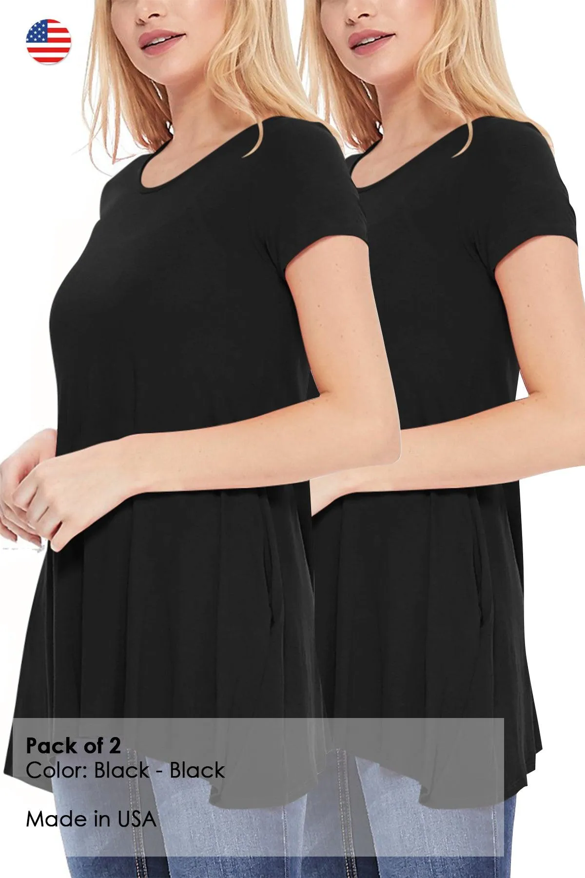 Women's Casual Stretch Loose A-Line Pockets Solid Short Sleeve Tunic Top (Pack of 2)