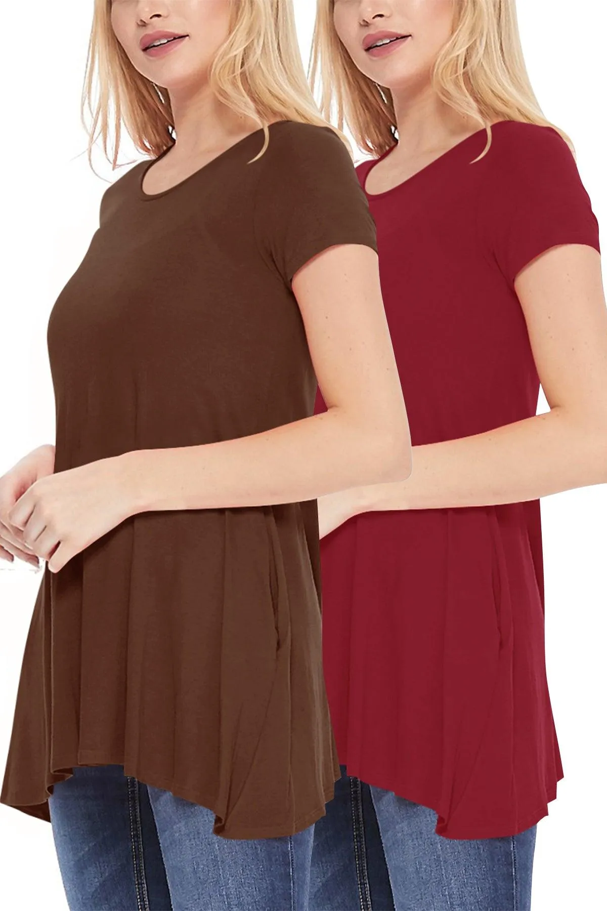 Women's Casual Stretch Loose A-Line Pockets Solid Short Sleeve Tunic Top (Pack of 2)