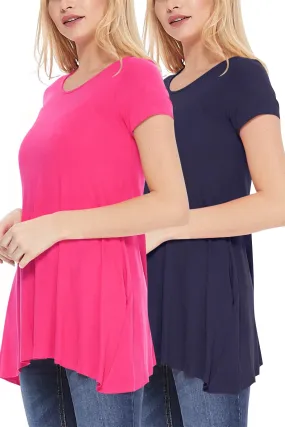 Women's Casual Stretch Loose A-Line Pockets Solid Short Sleeve Tunic Top (Pack of 2)