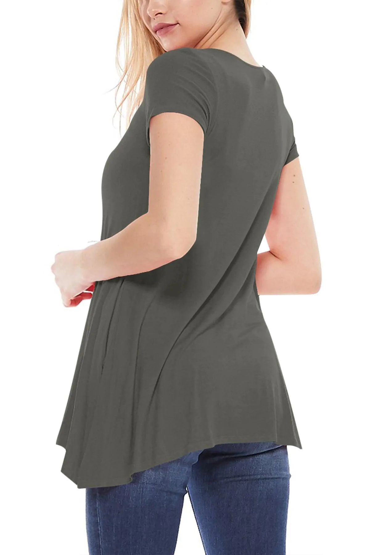 Women's Casual Stretch Loose A-Line Pockets Solid Short Sleeve Tunic Top (Pack of 2)