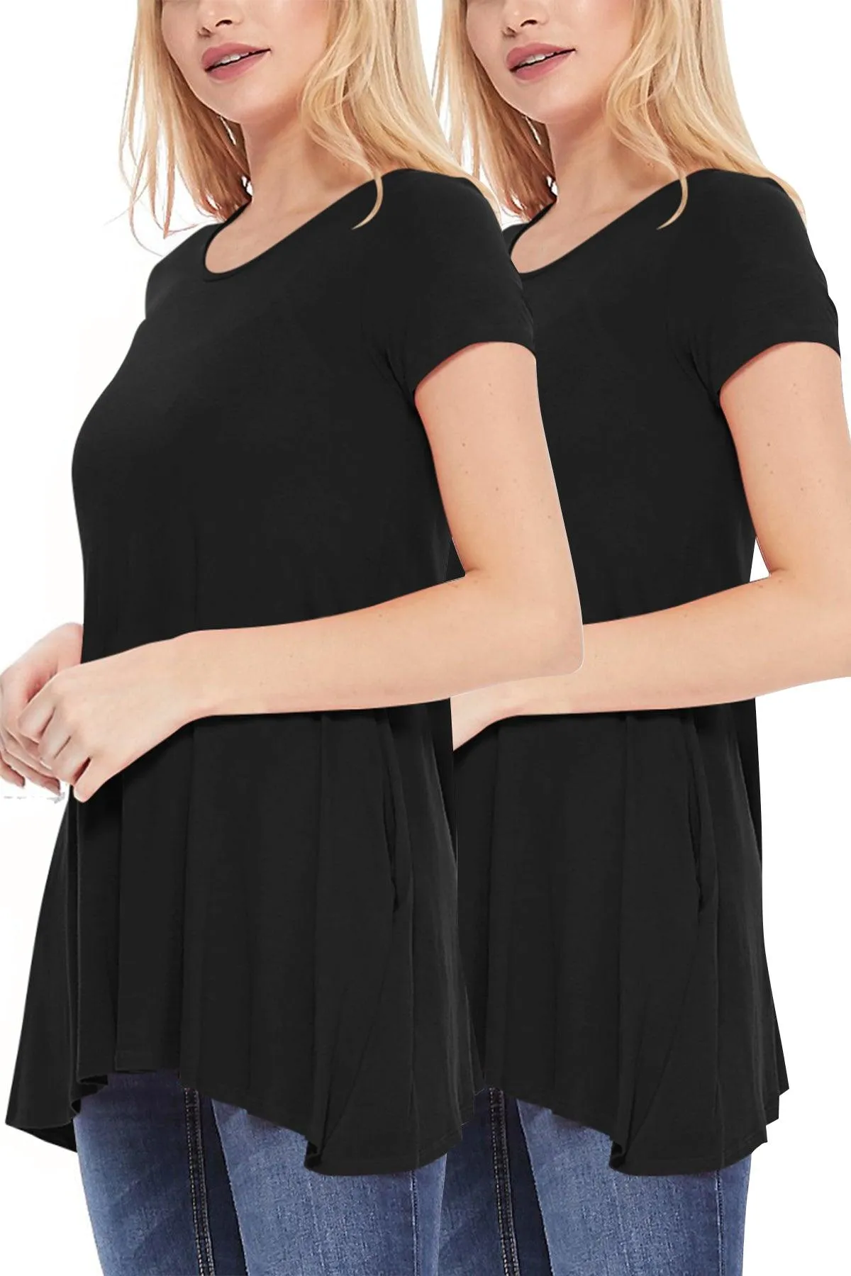 Women's Casual Stretch Loose A-Line Pockets Solid Short Sleeve Tunic Top (Pack of 2)