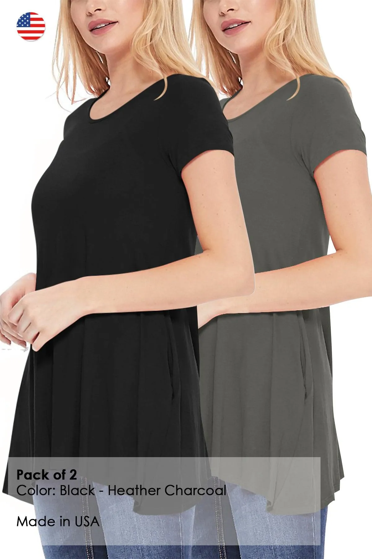 Women's Casual Stretch Loose A-Line Pockets Solid Short Sleeve Tunic Top (Pack of 2)