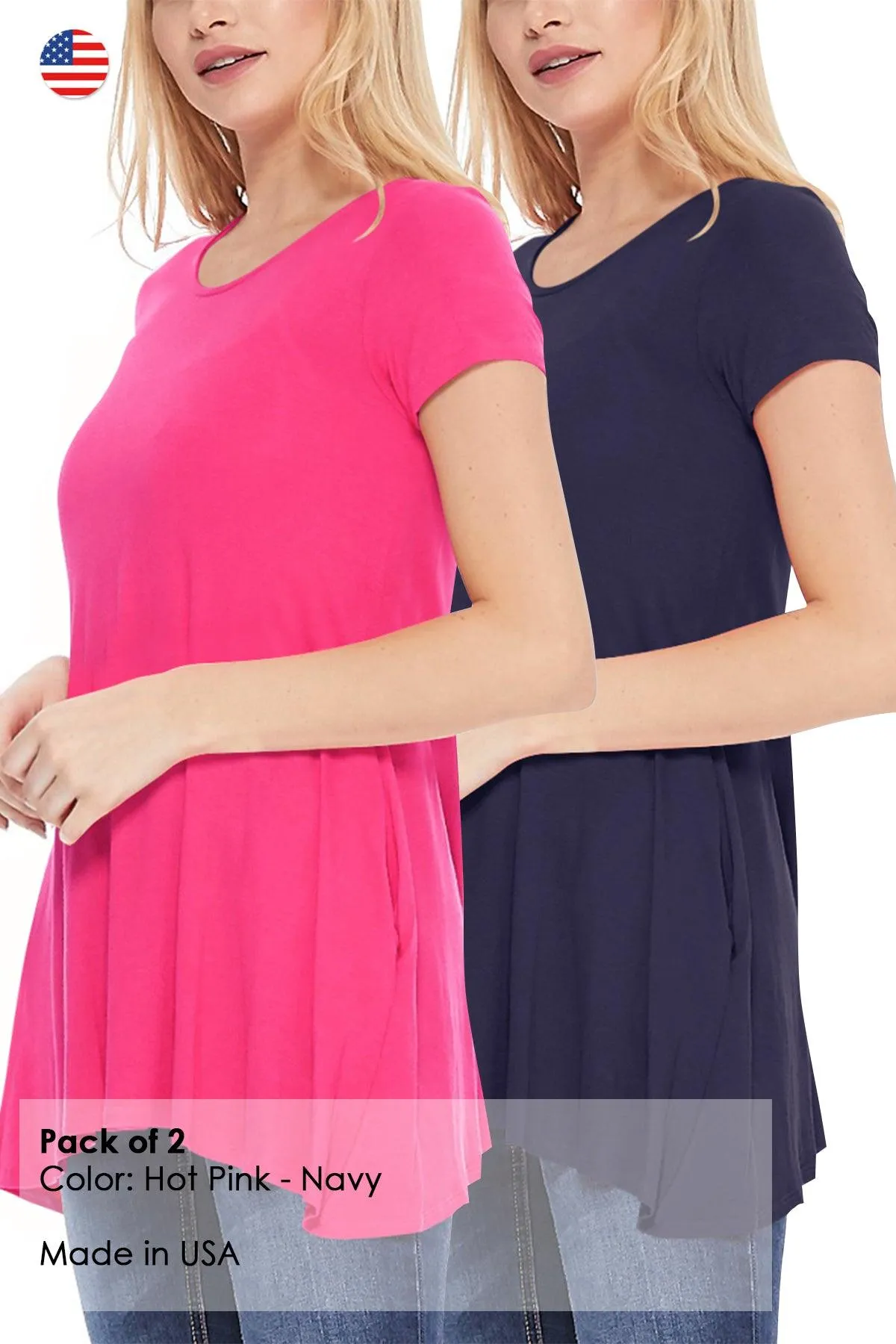 Women's Casual Stretch Loose A-Line Pockets Solid Short Sleeve Tunic Top (Pack of 2)