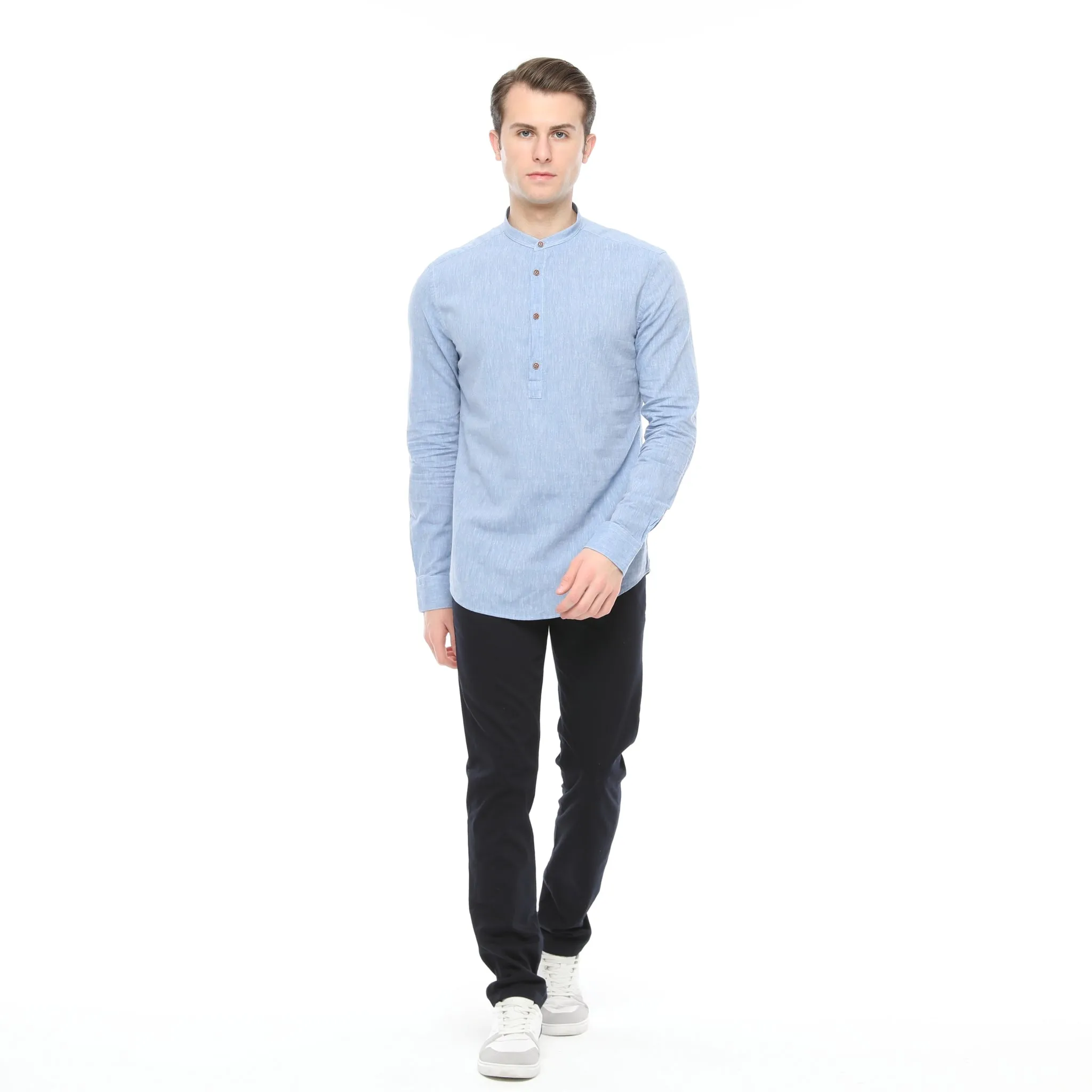 Xact Mens Cotton Linen Grandad Band Collar Tunic Shirt - Long Sleeved